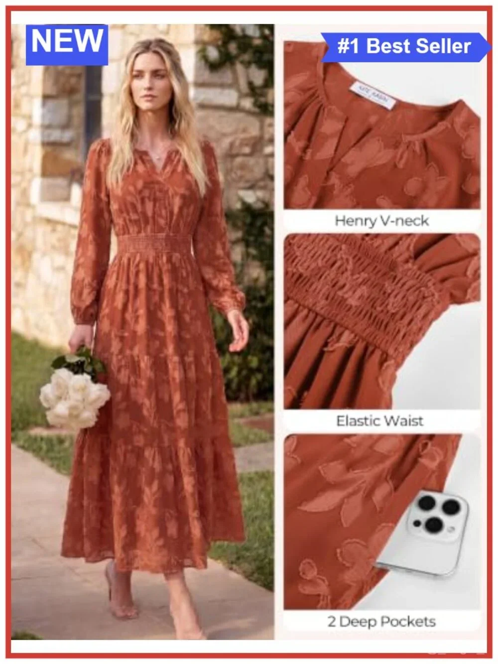 Boho Floral Maxi Dress with Pockets, Long Sleeve Wedding Guest Dress